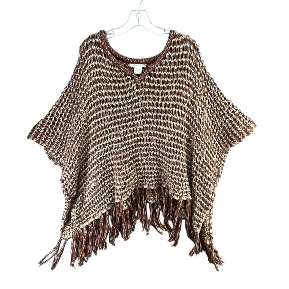 Willow & Clay Poncho M Brown Open Crochet Knit Fringe Oversized Boho Chunky Cozy - Picture 2 of 14